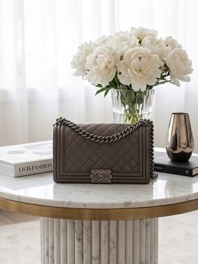 CHANEL Quilted Boy Bag in Taupe Gray with Chain Strap